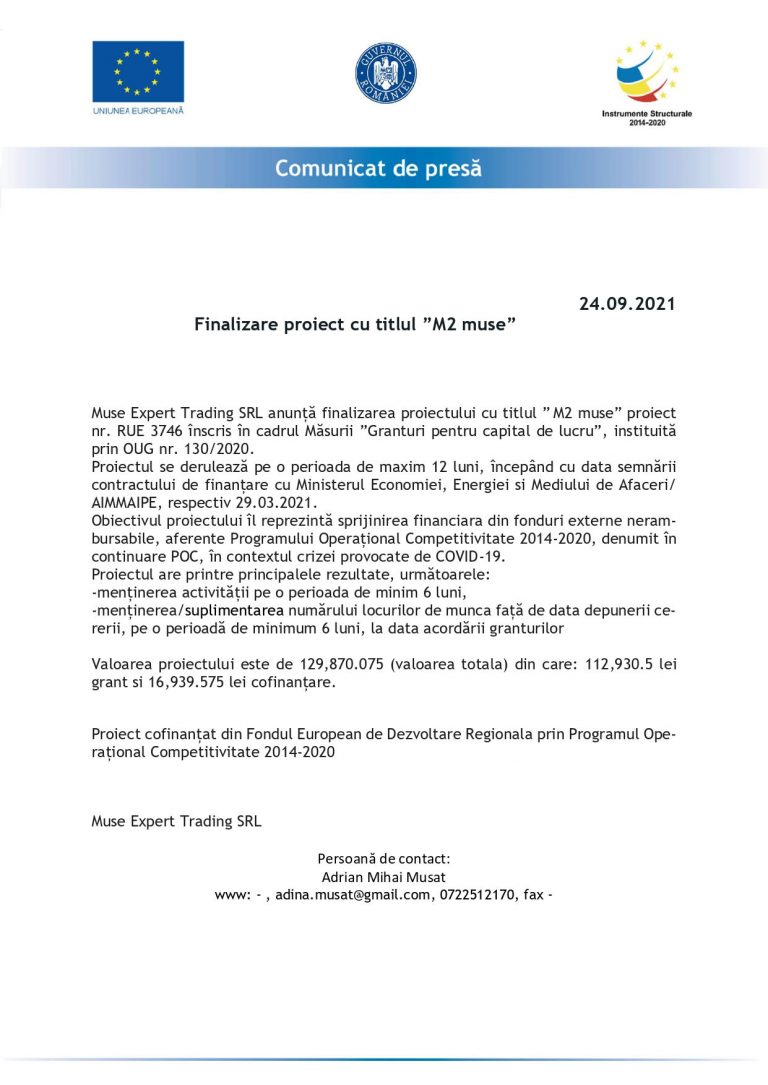 Comunicat de presă Muse Expert Trading SRL