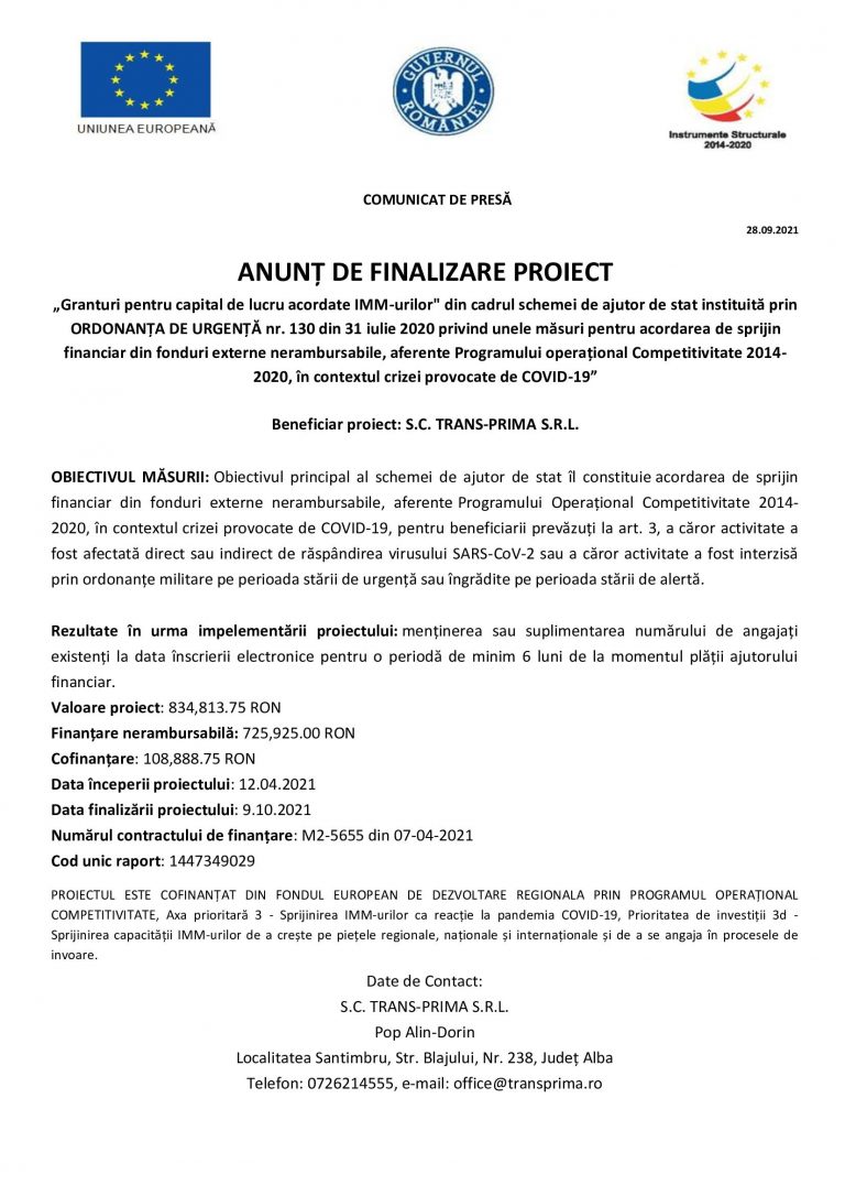 Comunicat de presă TRANS-PRIMA SRL
