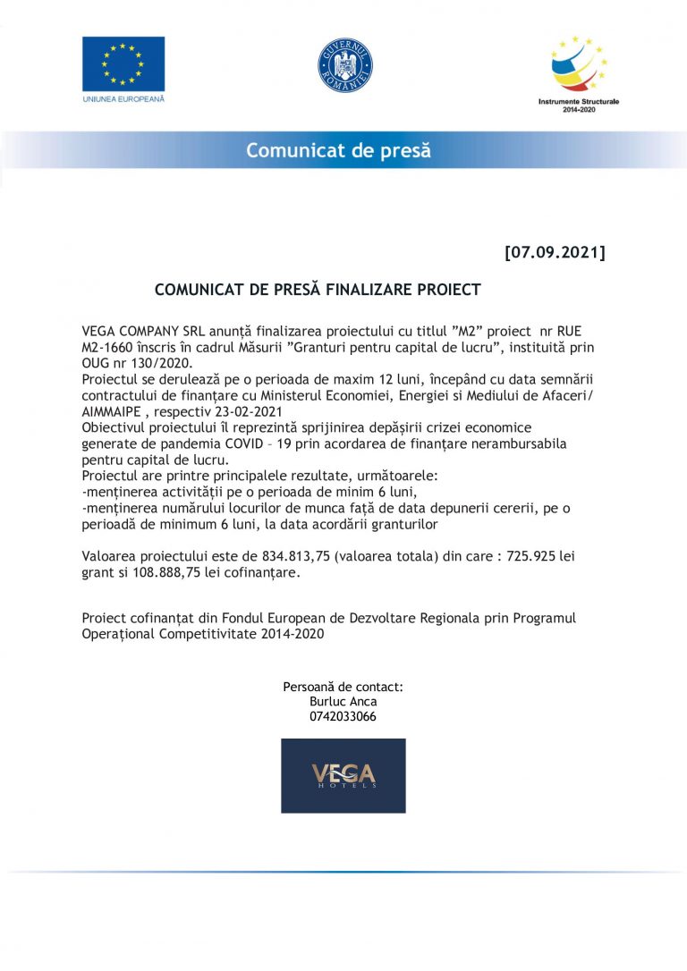 Comunicat de presă VEGA COMPANY SRL
