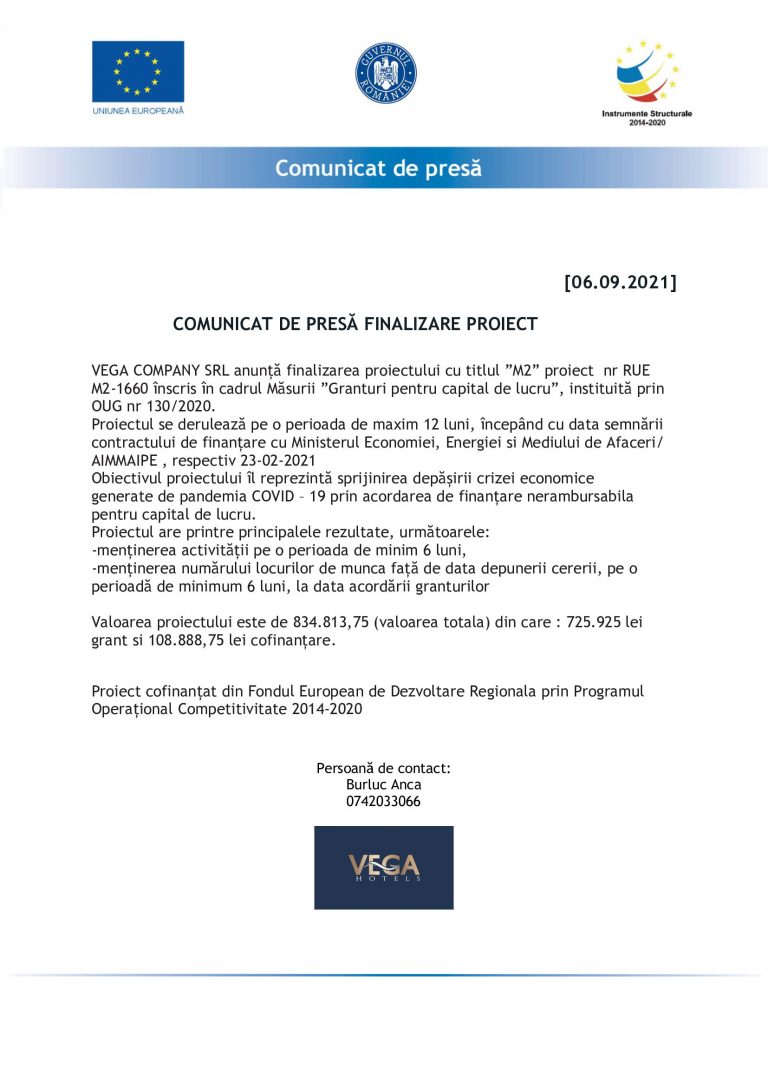 Comunicat de presă VEGA COMPANY SRL