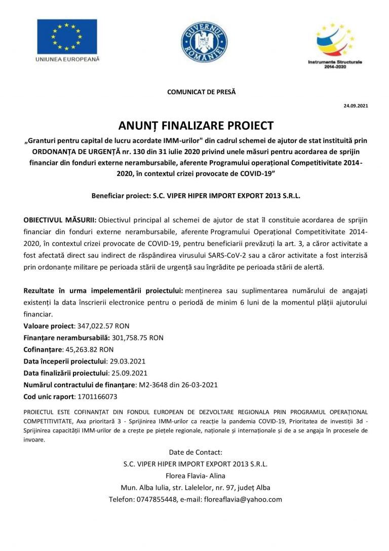 Comunicat de presă S.C. VIPER HIPER IMPORT EXPORT 2013 S.R.L.
