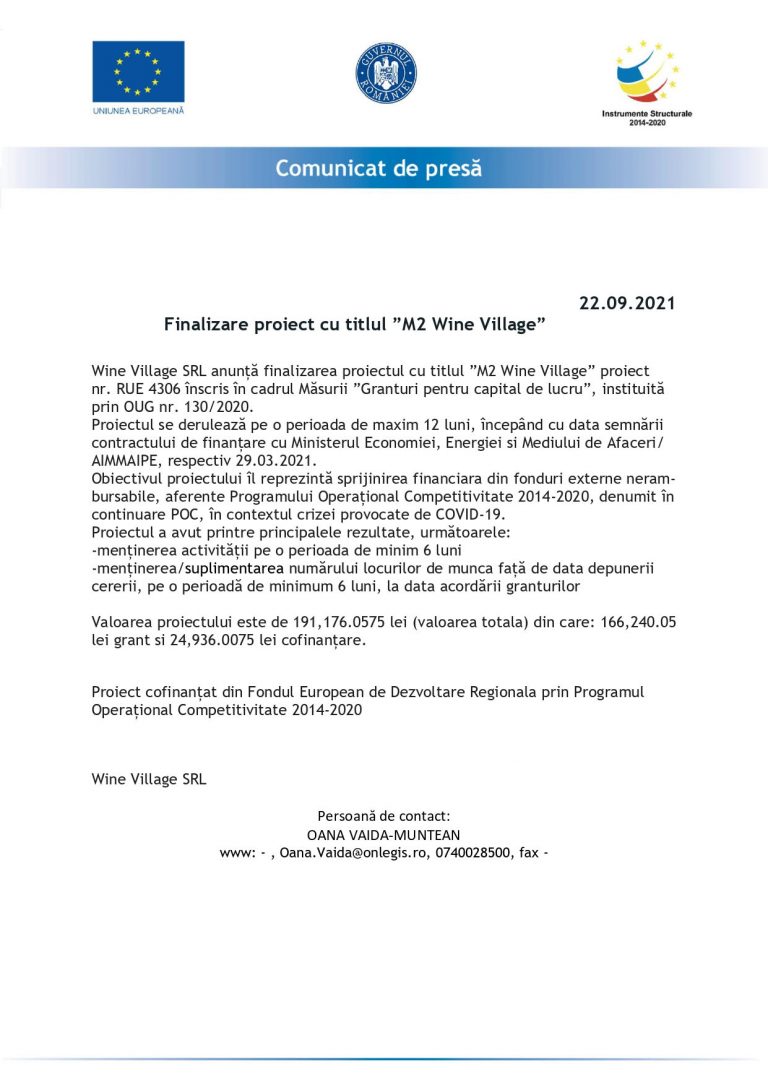 Comunicat de presă Wine Village SRL