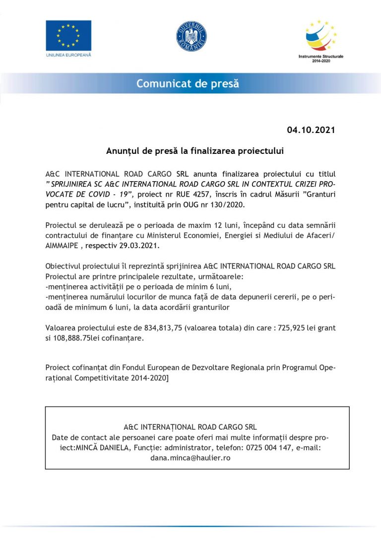 Comunicat de presă A&C INTERNATIONAL ROAD CARGO SRL