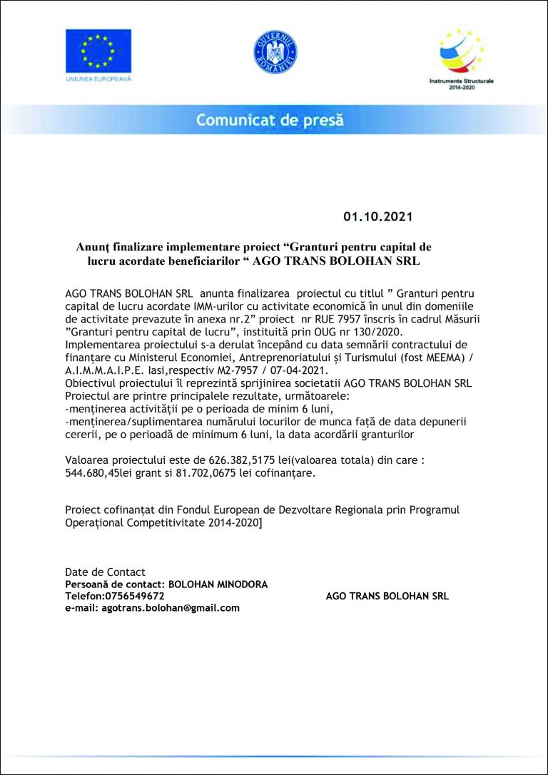 Comunicat de presă AGO TRANS BOLOHAN SRL