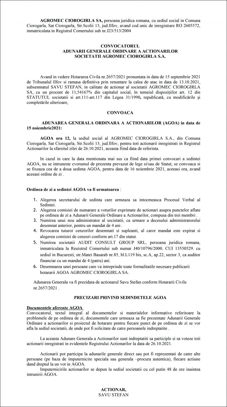 CONVOCATORUL AGROMEC CIOROGIRLA S.A.