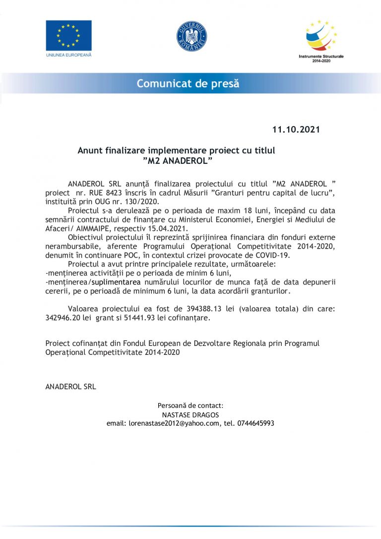 Comunicat de presă ANADEROL SRL