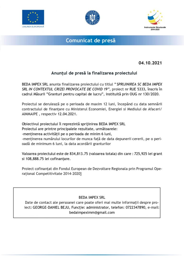 Comunicat de presă BEDA IMPEX SRL