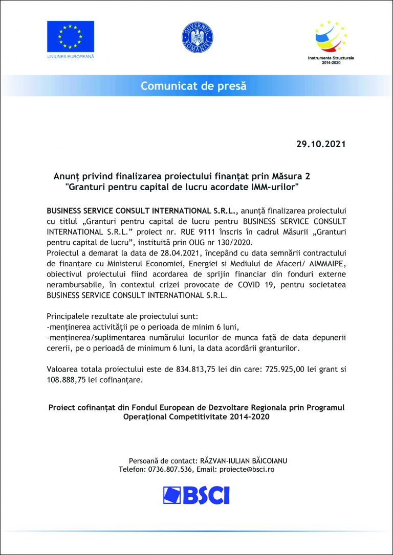 Comunicat de presă BUSINESS SERVICE CONSULT INTERNATIONAL S.R.L.