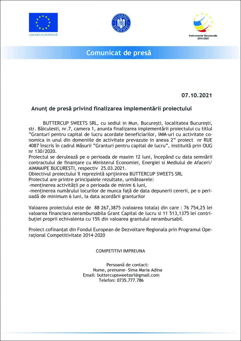 Anunț de intenție BUTTERCUP SWEETS SRL