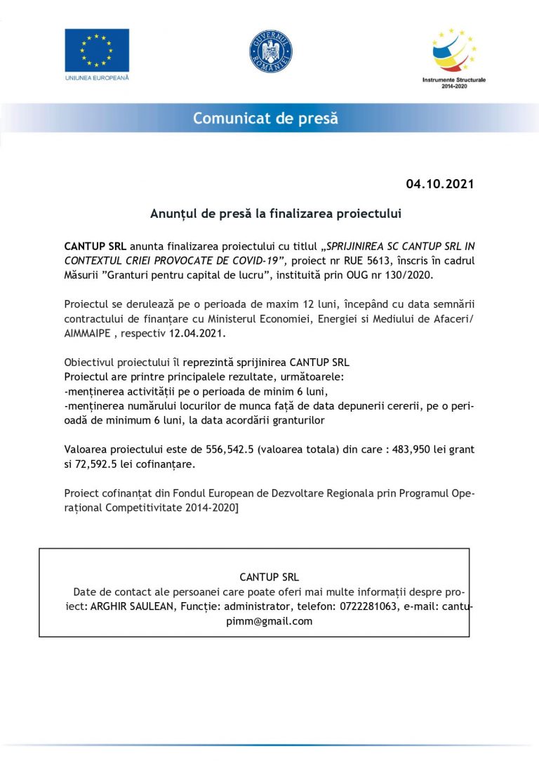 Comunicat de presă CANTUP SRL