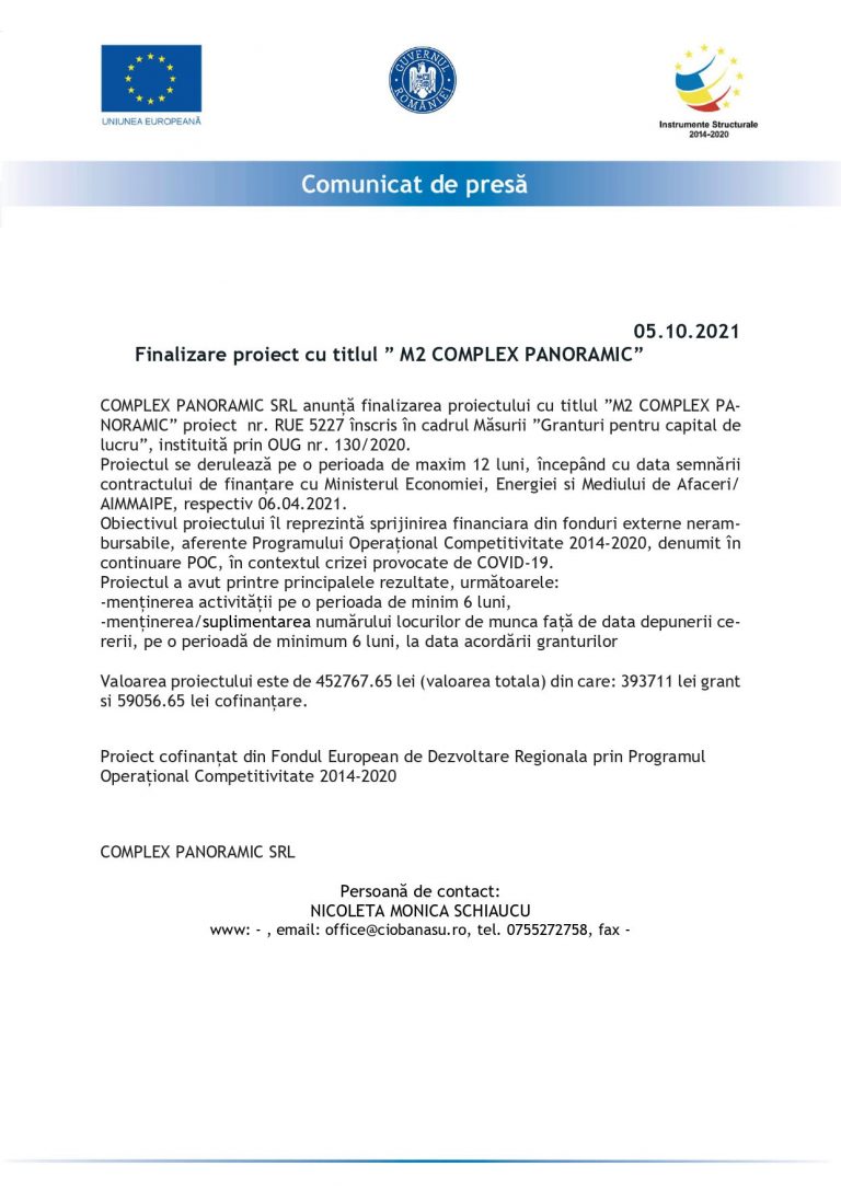 Comunicat de presă COMPLEX PANORAMIC SRL