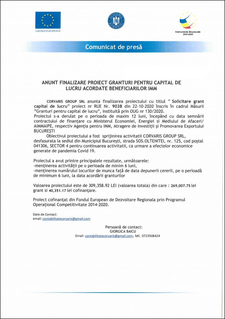 Comunicat de presă CORVARIS GROUP SRL