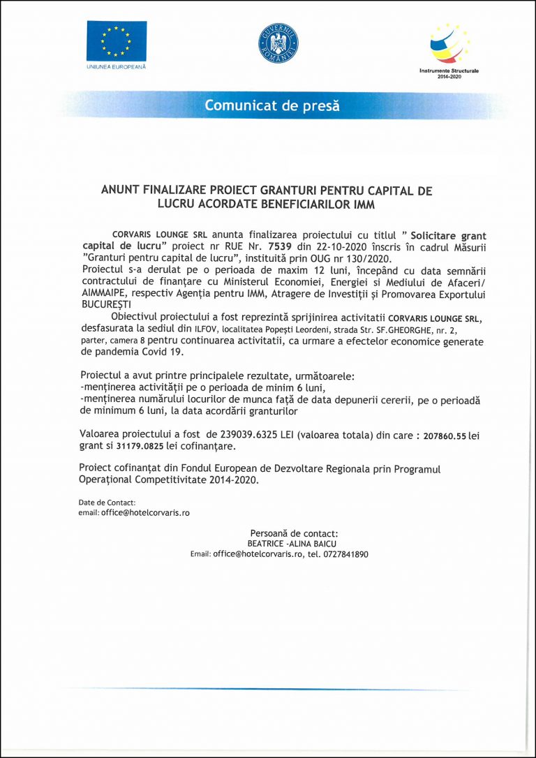 Comunicat de presă CORVARIS LOUNGE SRL