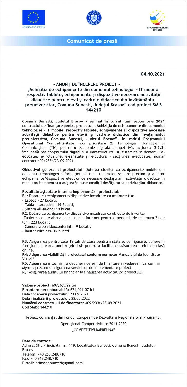 Anunț de începere proiect Comuna Bunești