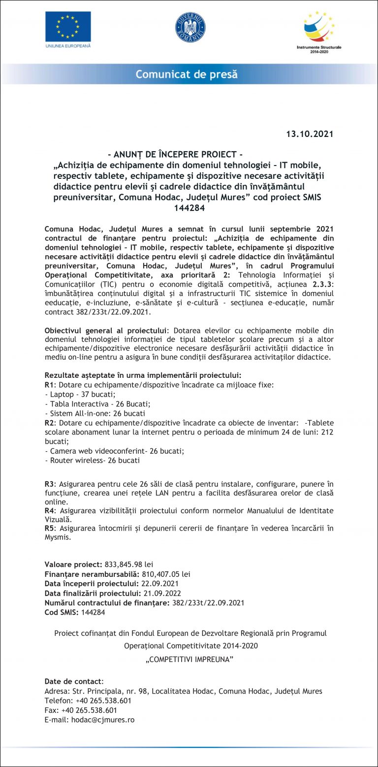 Anunt începere proiect Comuna Hodac