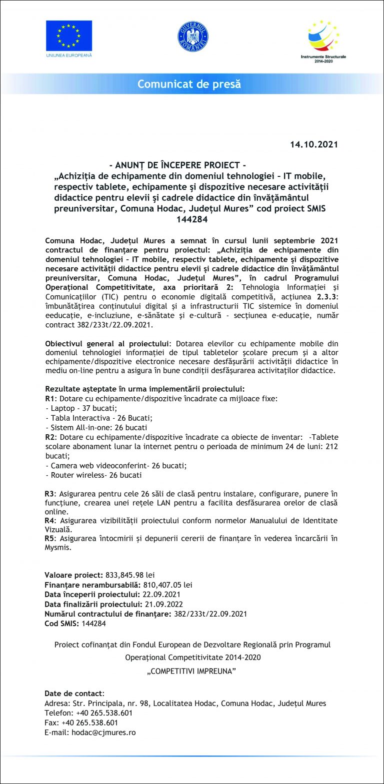 Anunt începere proiect Comuna Hodac