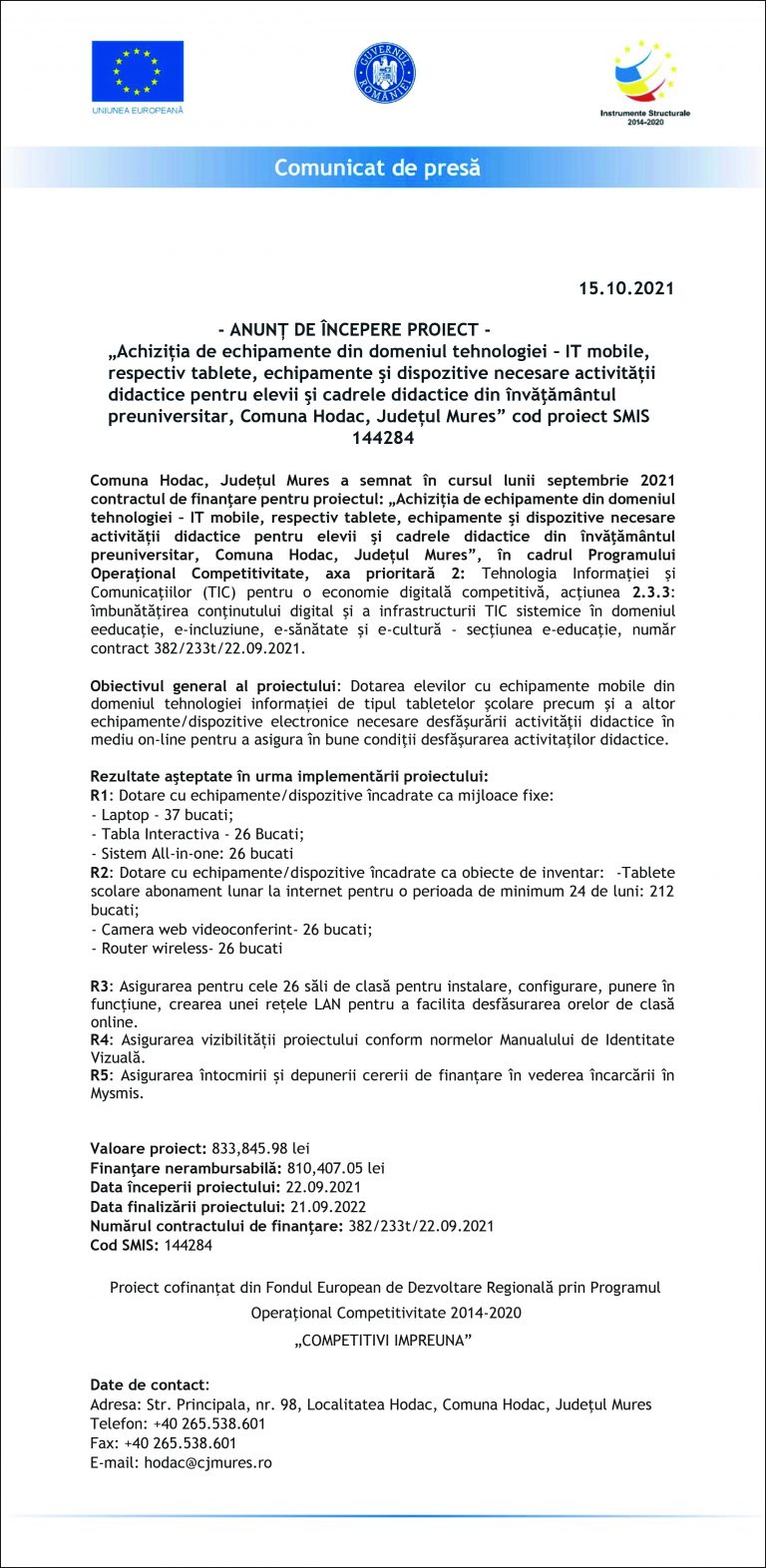 Anunt începere proiect Comuna Hodac