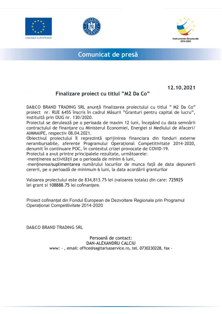 Comunicat de presă DA&CO BRAND TRADING SRL