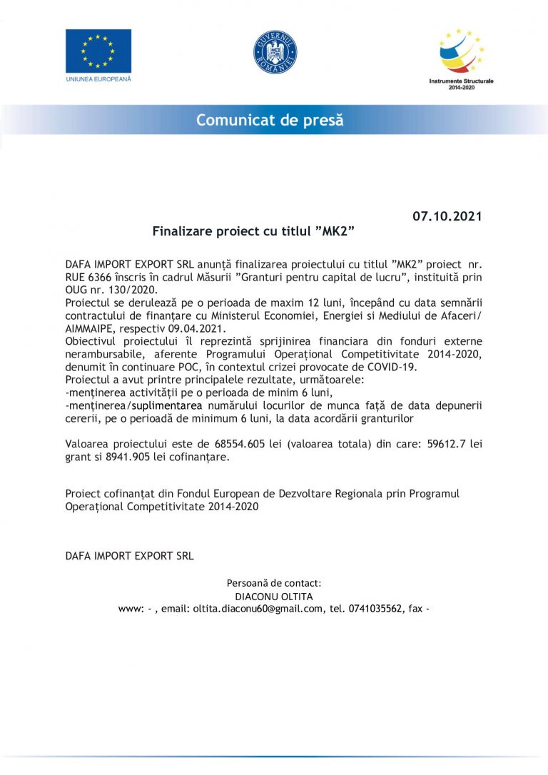 Comunicat de presă DAFA IMPORT EXPORT SRL