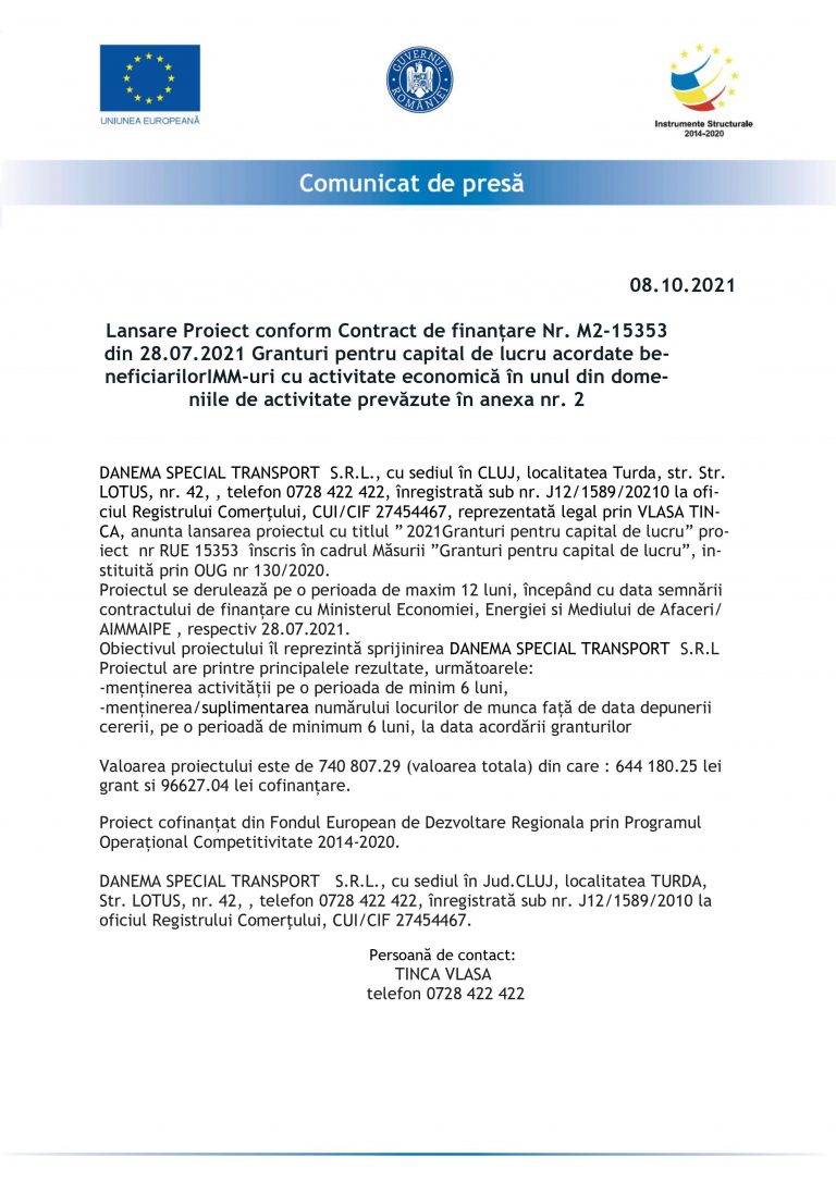 Comunicat de presă DANEMA SPECIAL TRANSPORT S.R.L.