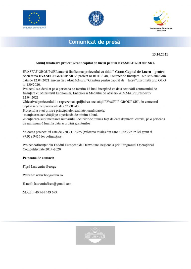 Comunicat de presă EVASELF GROUP SRL