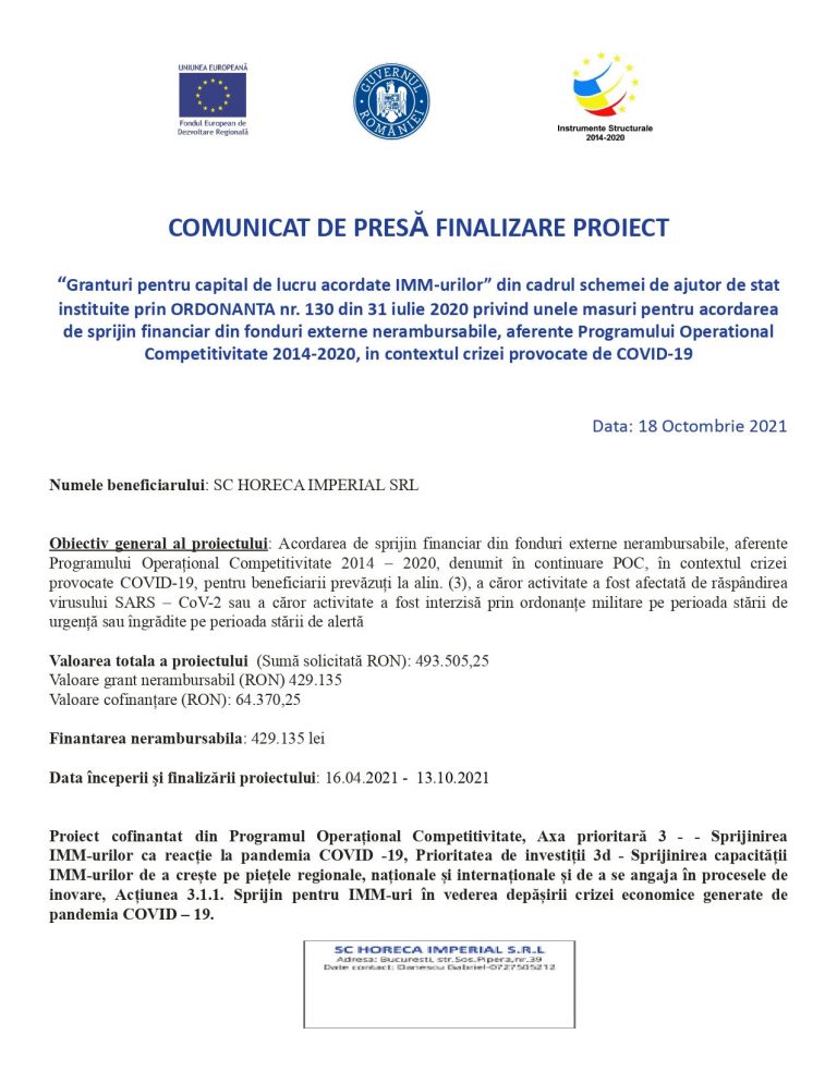 Comunicat de presă HORECA IMPERIAL SRL