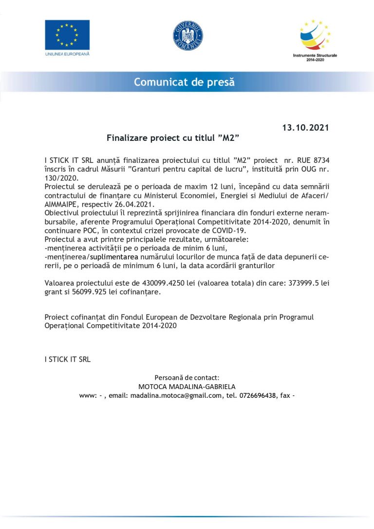 Comunicat de presă I STICK IT SRL