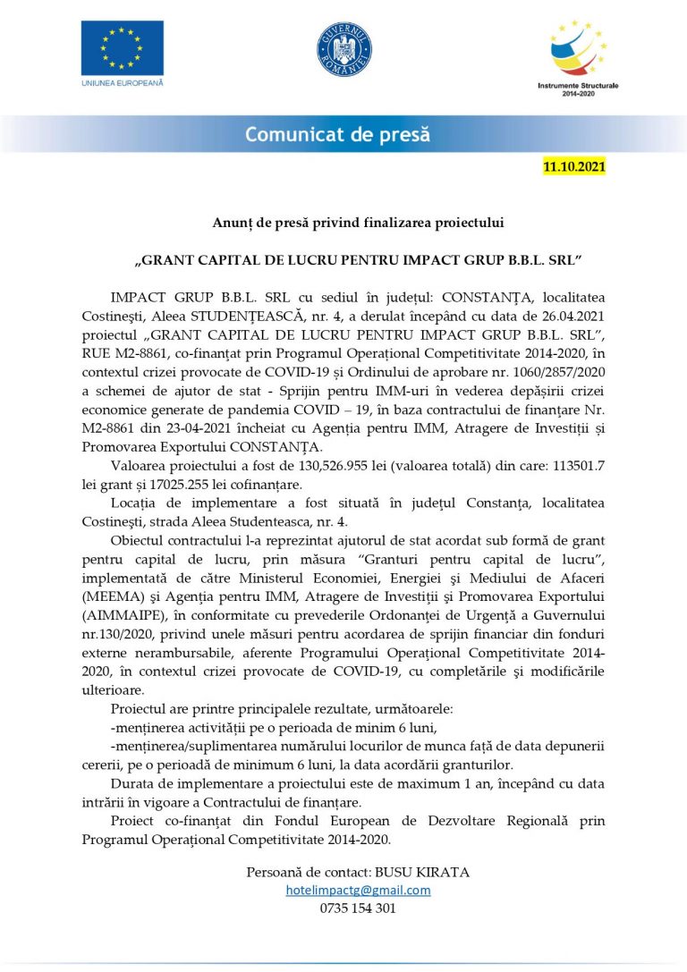Comunicat de presă IMPACT GRUP B.B.L. SRL