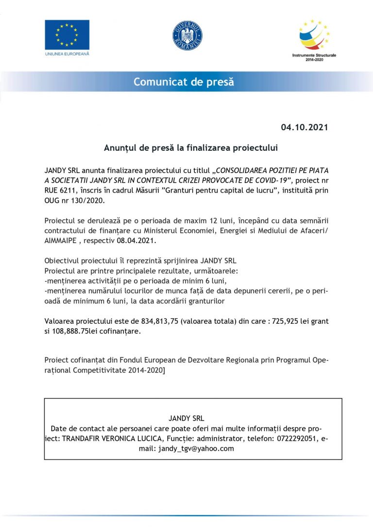 Comunicat de presă JANDY SRL
