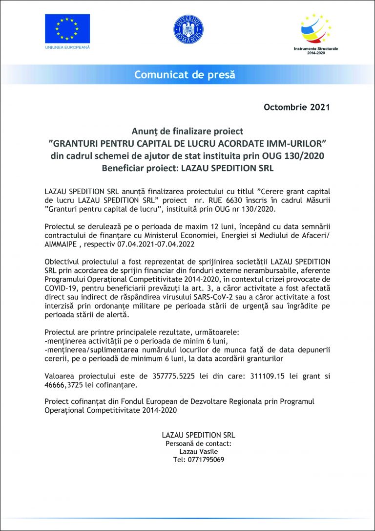 Comunicat de presa LAZAU SPEDITION SRL