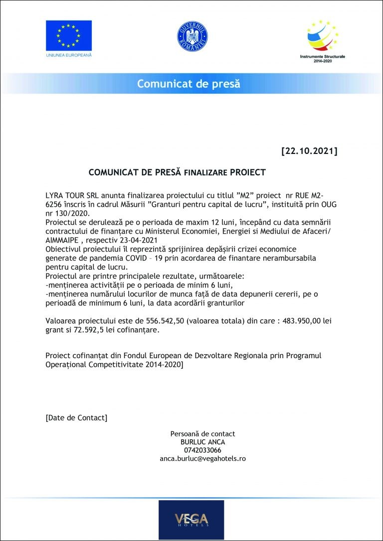 Comunicat de presă LYRA TOUR SRL