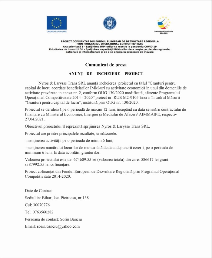 Comunicat de presă Nyros & Larysse Trans SRL
