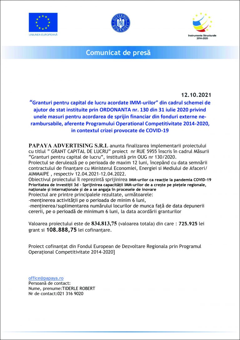 Comunicat de presă PAPAYA ADVERTISING S.R.L.