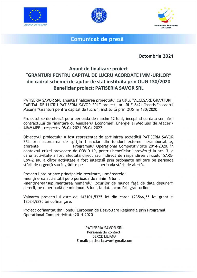 Comunicat de presă PATISERIA SAVOR SRL