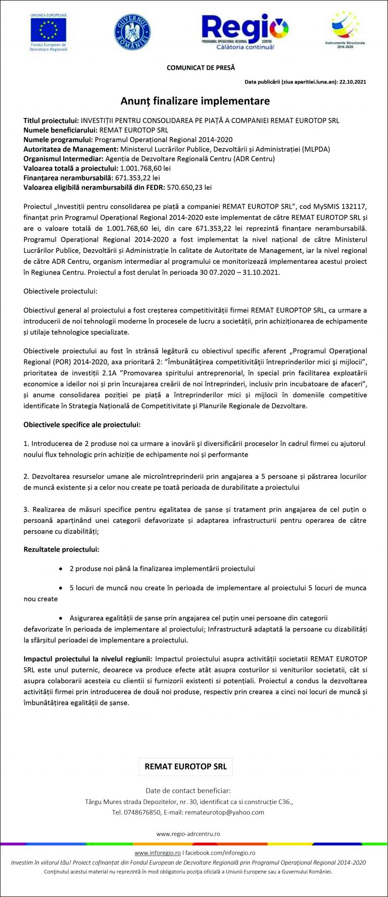 Comunicat de presă REMAT EUROTOP SRL