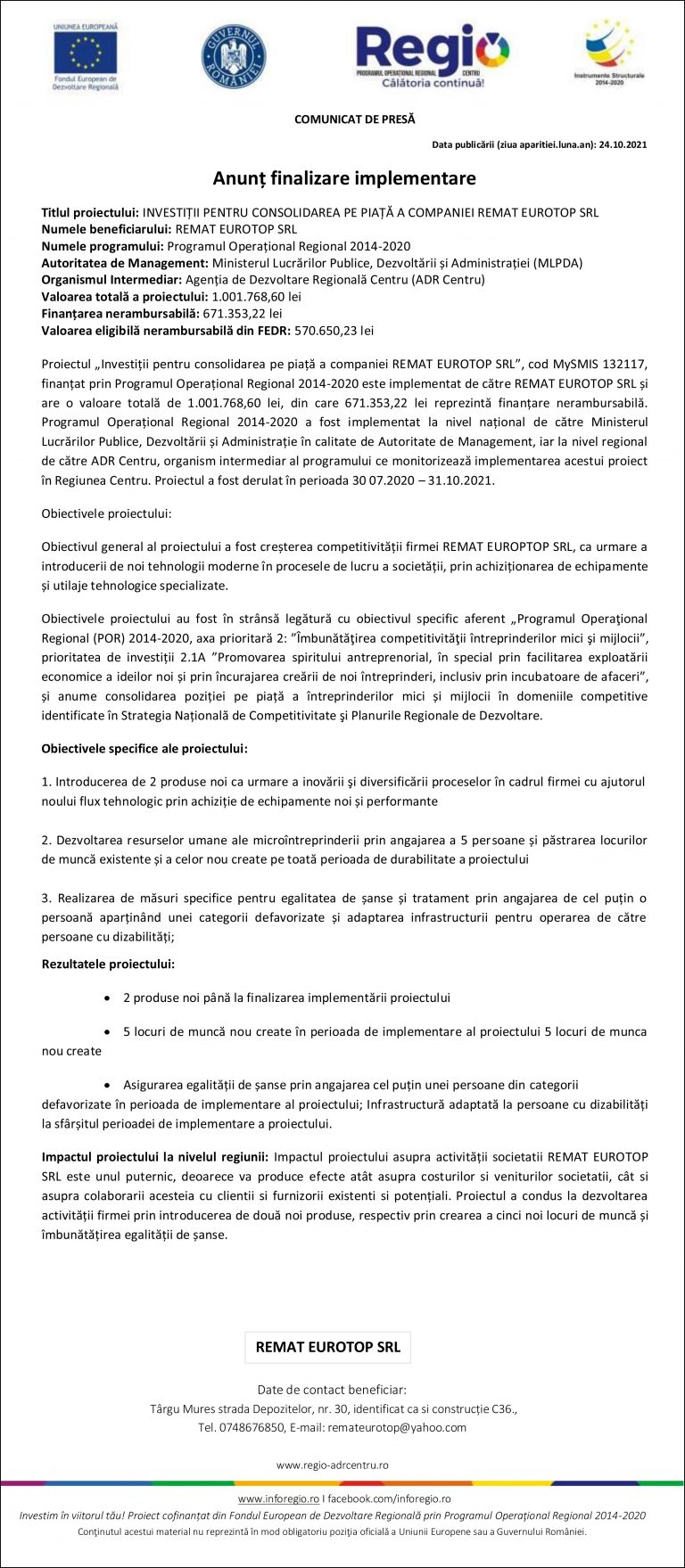Comunicat de presă REMAT EUROTOP SRL