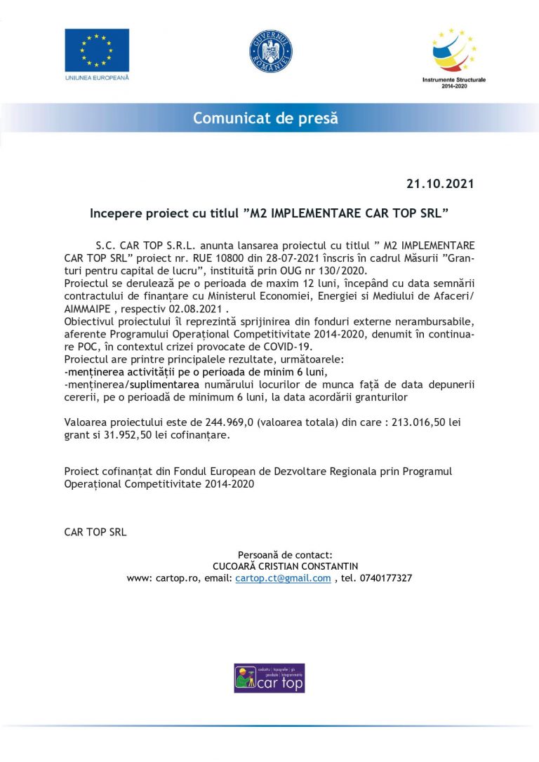 Comunicat de presă S.C. CAR TOP S.R.L.