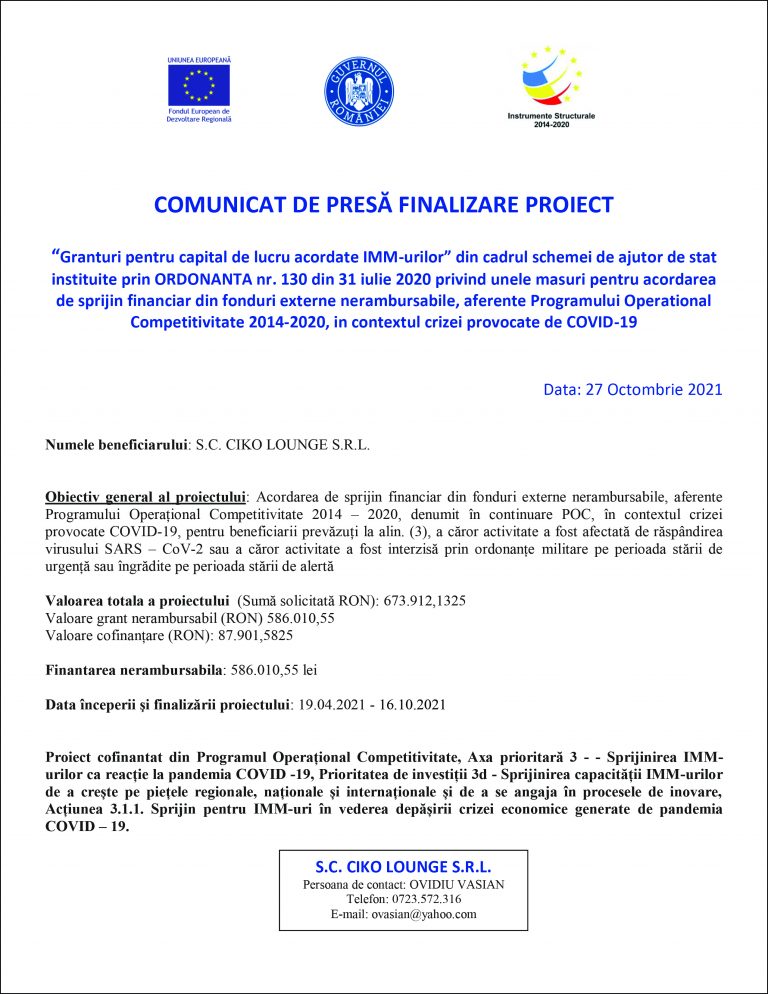 Comunicat de presă S.C. CIKO LOUNGE S.R.L