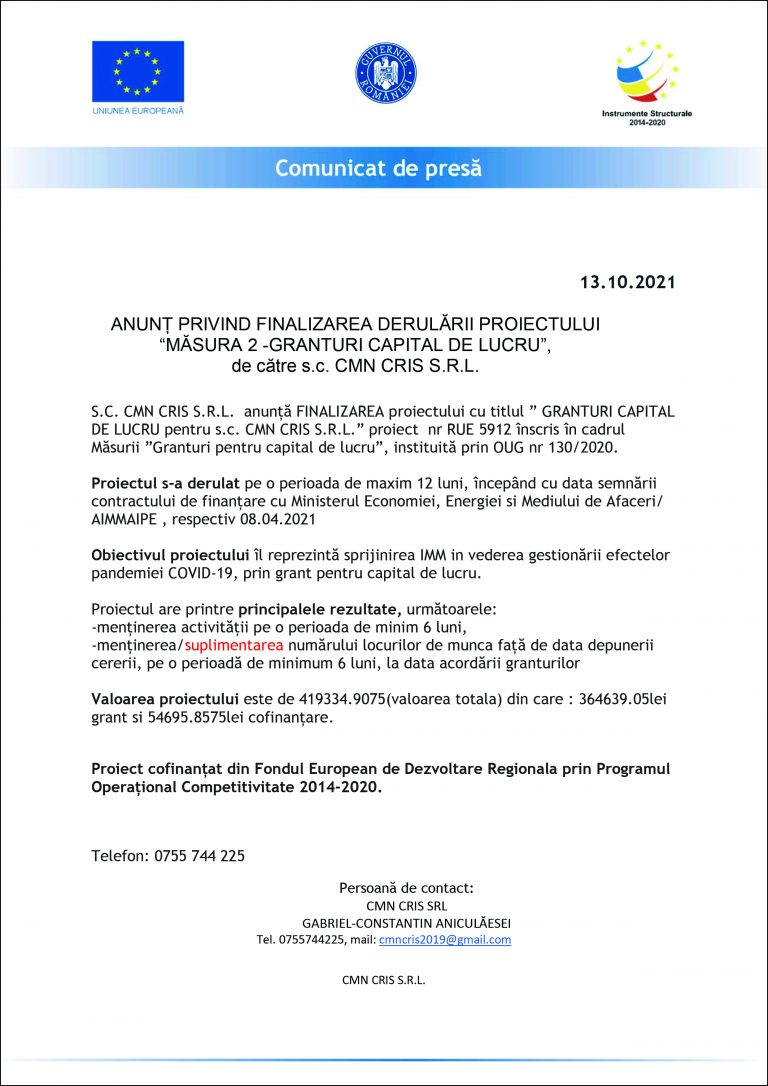 Comunicat de presa S.C. CMN CRIS S.R.L.