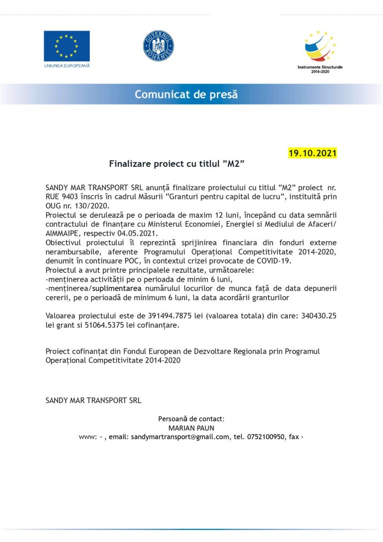 Comunicat de presă SANDY MAR TRANSPORT SRL