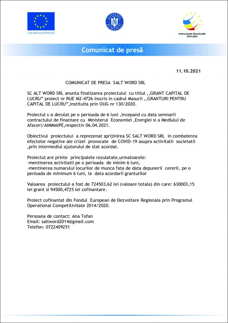 Comunicat de presă SC ALT WORD SRL