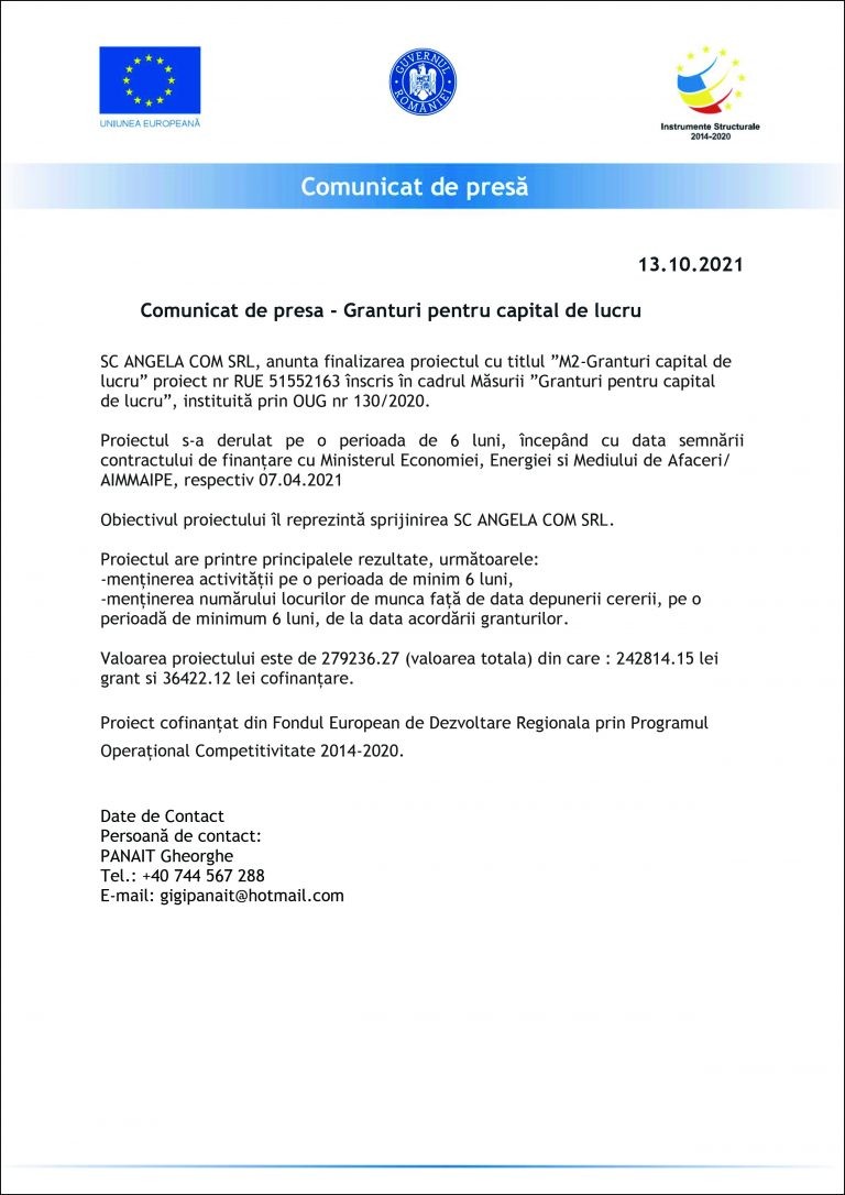 Comunicat de presa SC ANGELA COM SRL