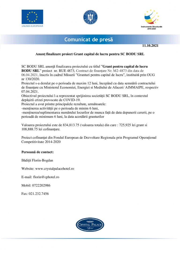 Comunicat de presă SC BODU SRL