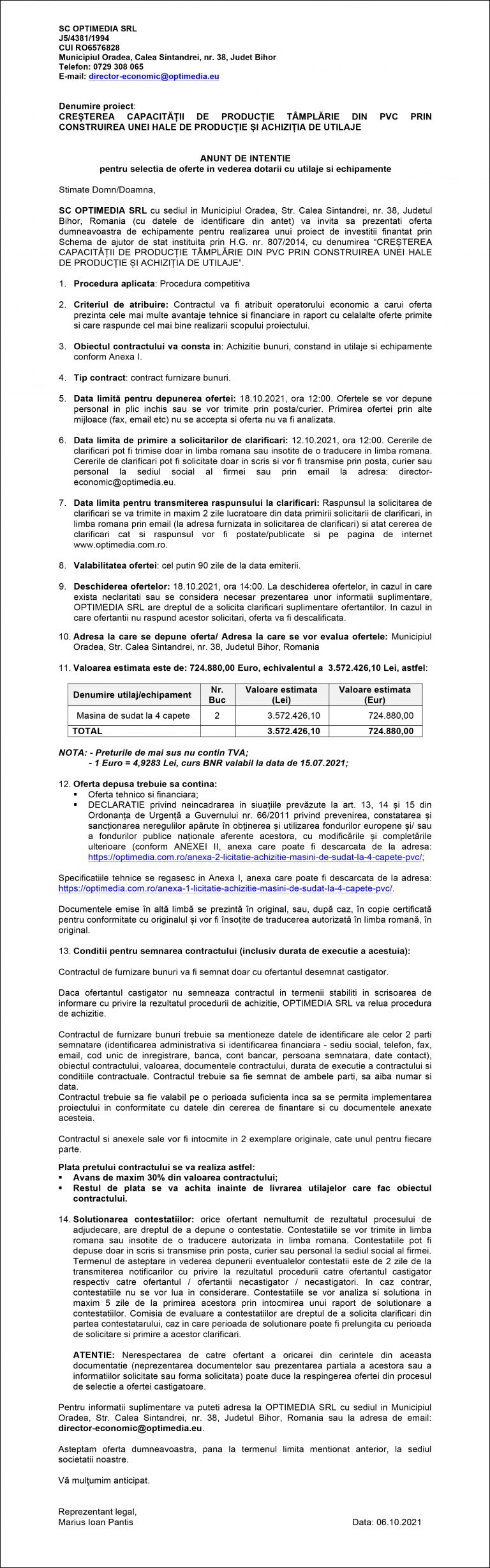 Anunț de intenție SC OPTIMEDIA SRL