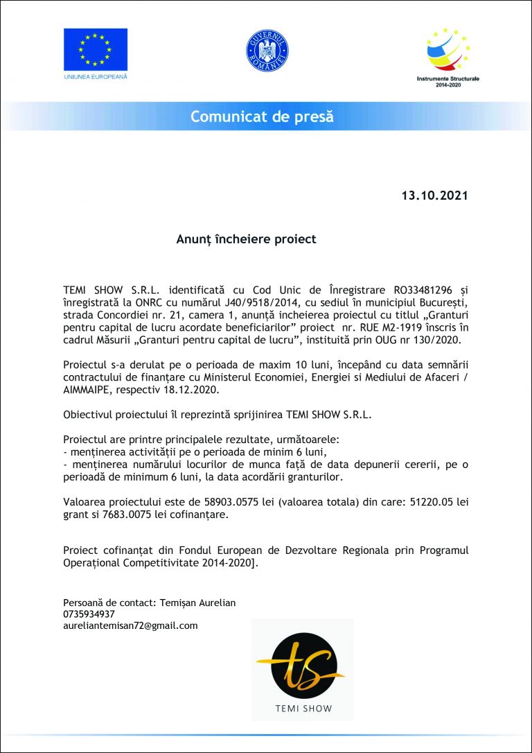 Comunicat de presa TEMI SHOW S.R.L