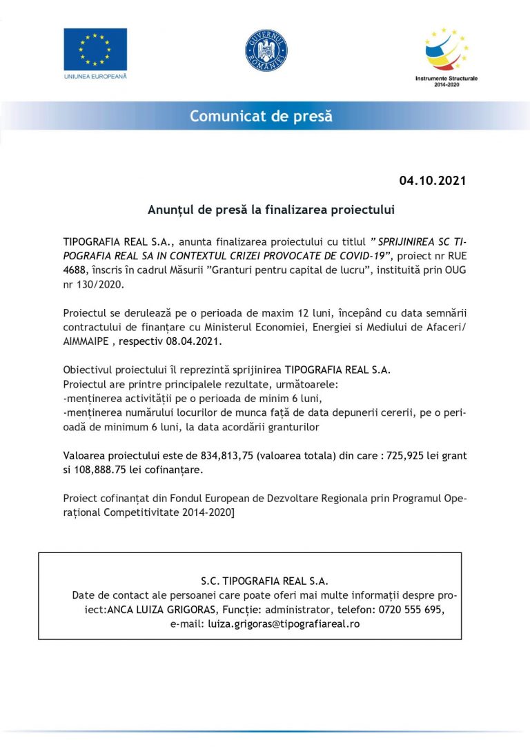 Comunicat de presă TIPOGRAFIA REAL S.A.