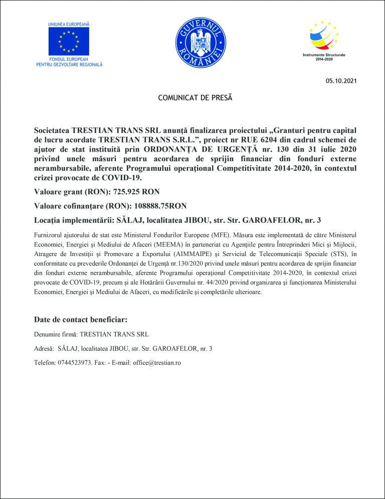 Comunicat de presă TRESTIAN TRANS SRL