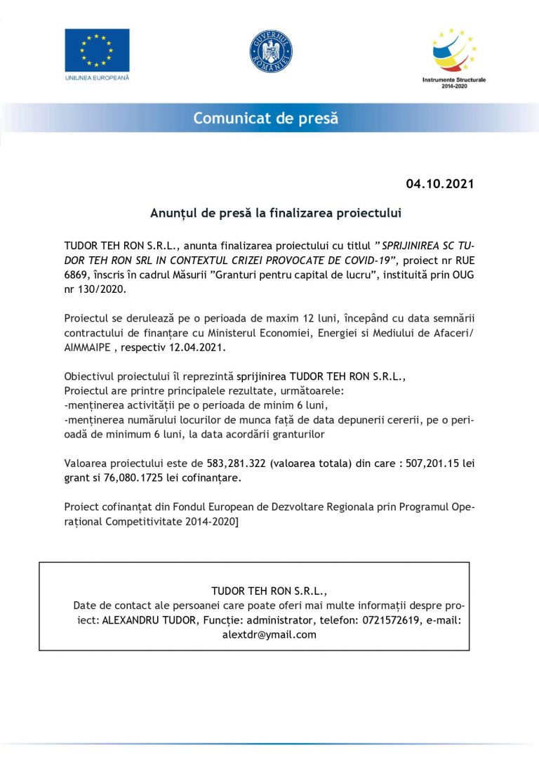 Comunicat de presă TUDOR TEH RON S.R.L.