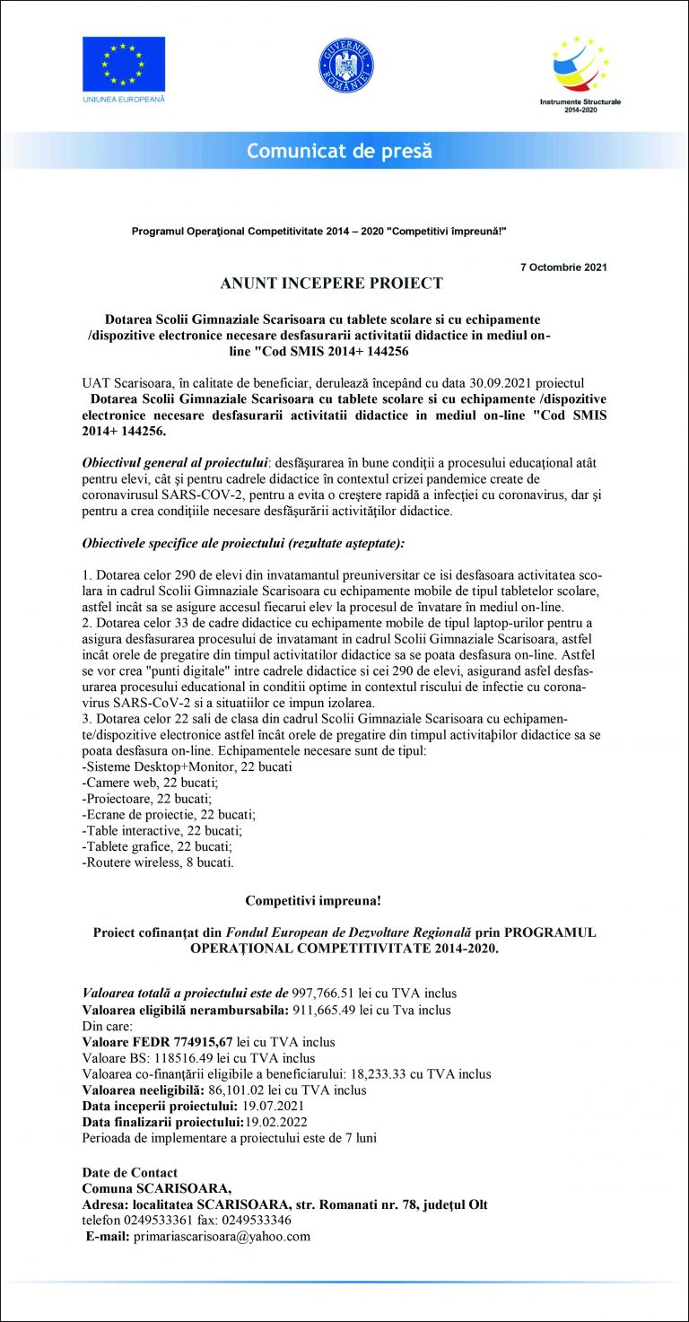 Comunicat de presa UAT Scărișoara