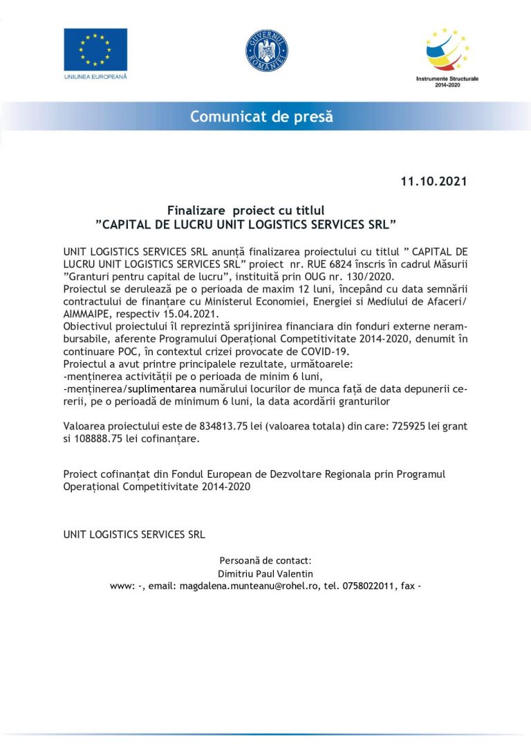 Comunicat de presă UNIT LOGISTICS SERVICES SRL